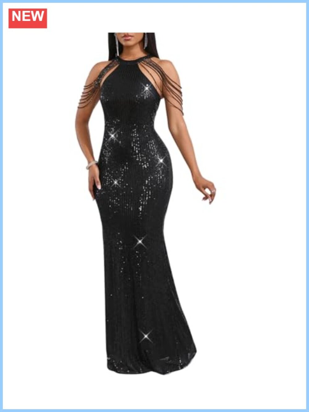 Sequin Halter Tassel Mermaid Maxi Formal Evening Gown